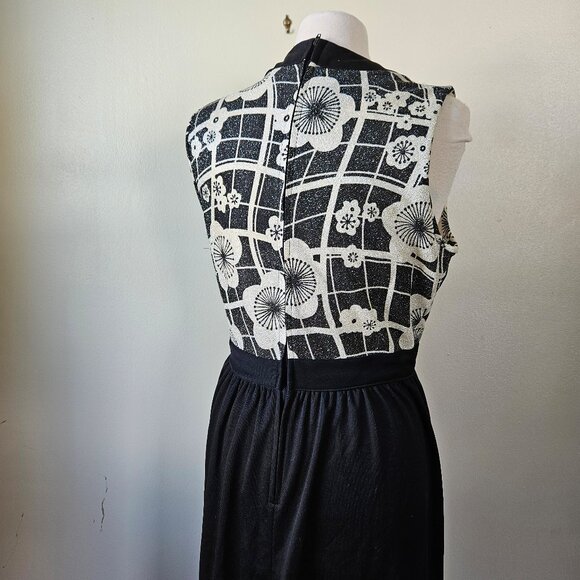 Vintage 70s Black Silver Floral Lurex Disco Diva Maxi Dress Gown Polyester M/L - Picture 5 of 6